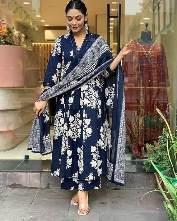 Kurta estampada Anarkali de mezcla de rayón para mujer con palazzo y dupatta festiva para boda, fiesta