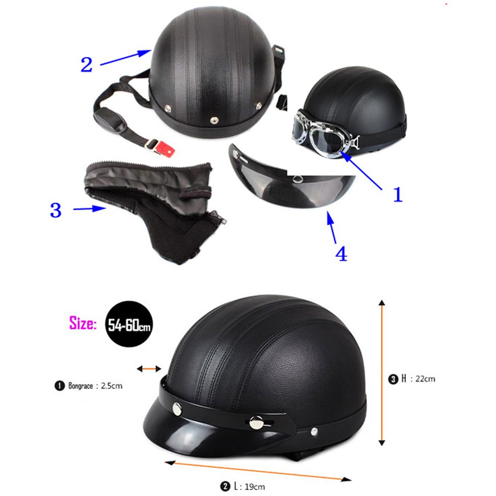 Annong Casque de Moto et Velo Bol Lunettes Retro Style de Vintage Cuir Harley Casque Moitié Helmets 54-60cm (Rouge)