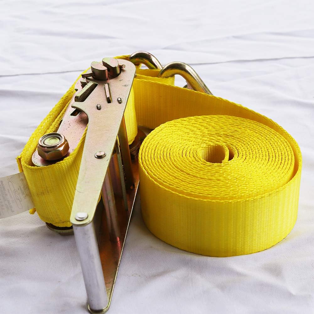 3" X 1.5 Meters Double J Hook Strap with Ratchet Tie Down – Durable Steel Hook – Reliable Load Strap Webbing – Industrial Grade Weather Resistant Tie Down (3T, Yellow)