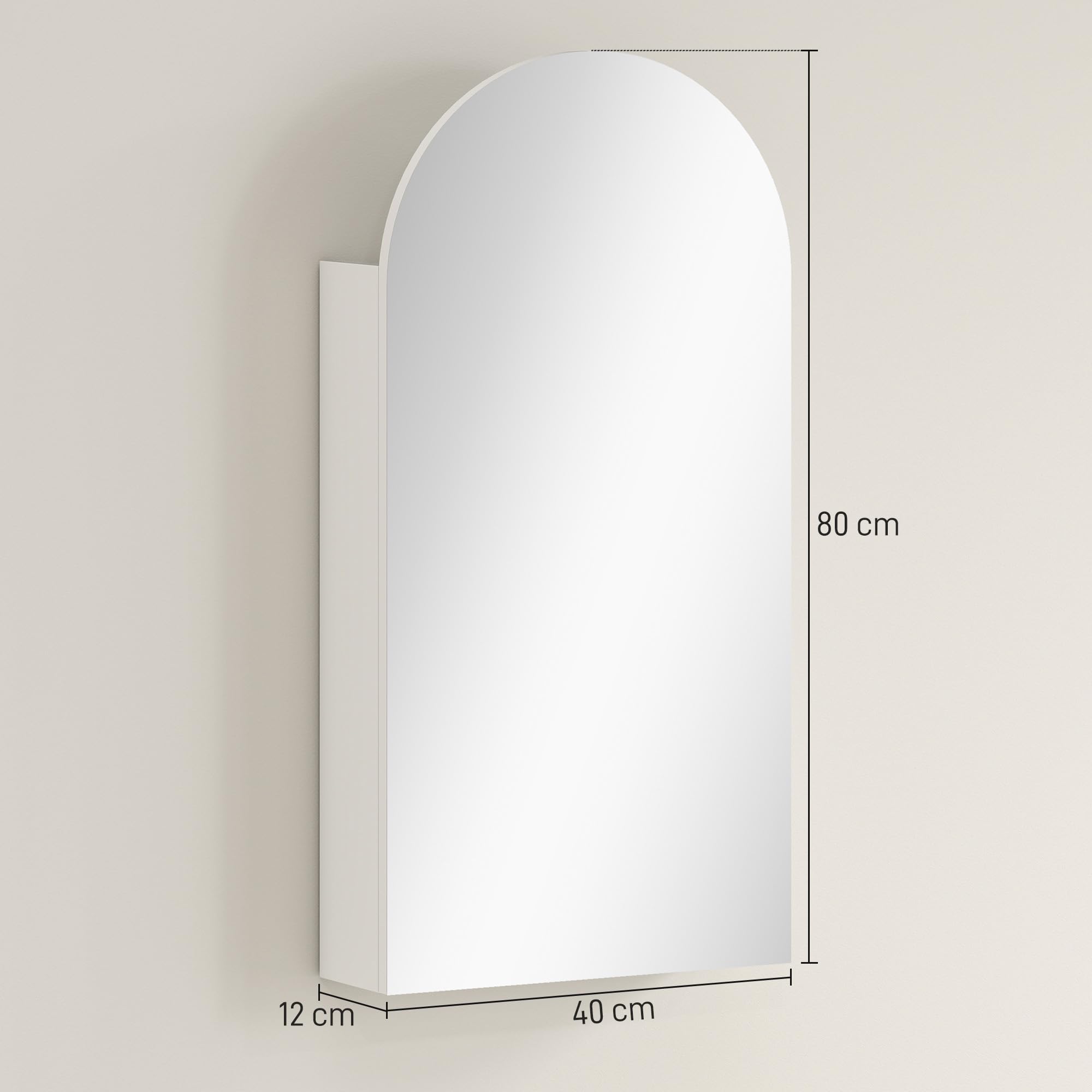 HOMCOM Wandschrank für Badezimmer mit Spiegel, 40 x 12 x 80 cm, Badezimmermöbel, rahmenloser Spiegelschrank mit Bogen und verstellbaren Glasböden, weiß
