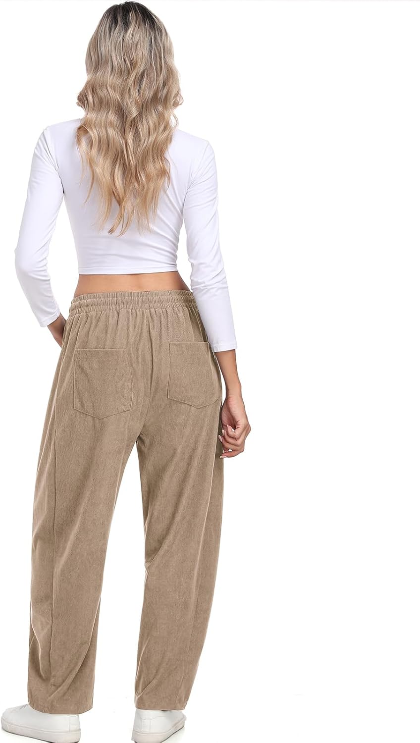 HOTIAN Womens Corduroy Pants Barrel Mid Rise Elastic Waist Loose Comfy Casual Baggy Trouser with Pockets - Image 4