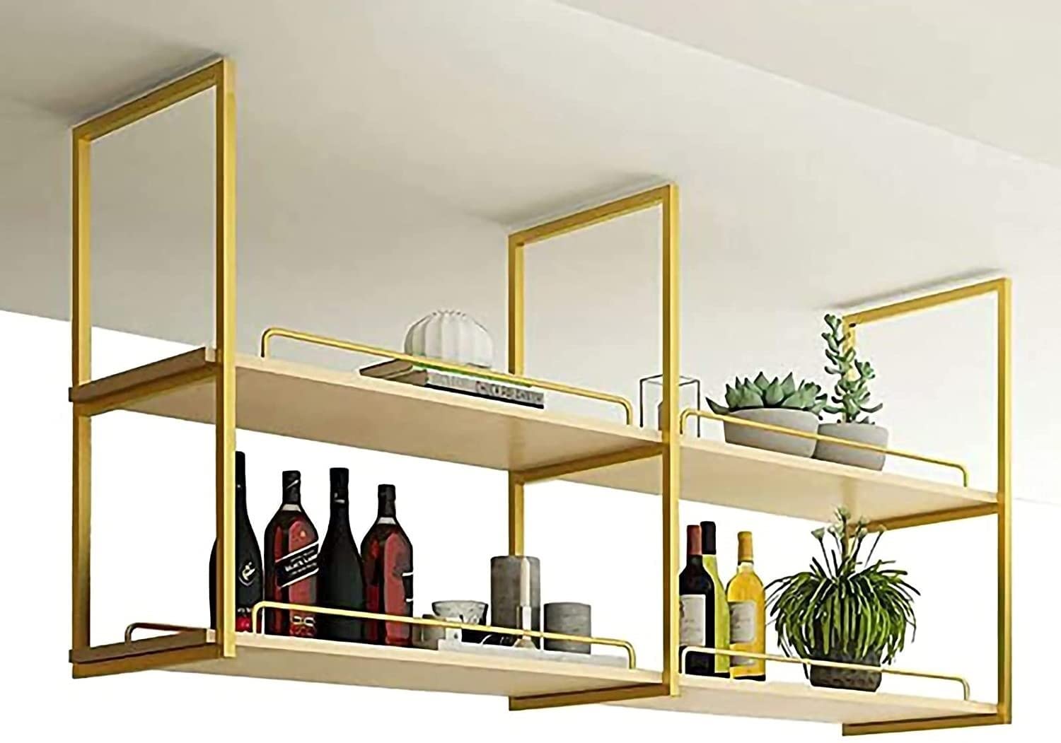 Rack de vin de plafond suspendu et étagère flottante de rangement de cuisine dorée