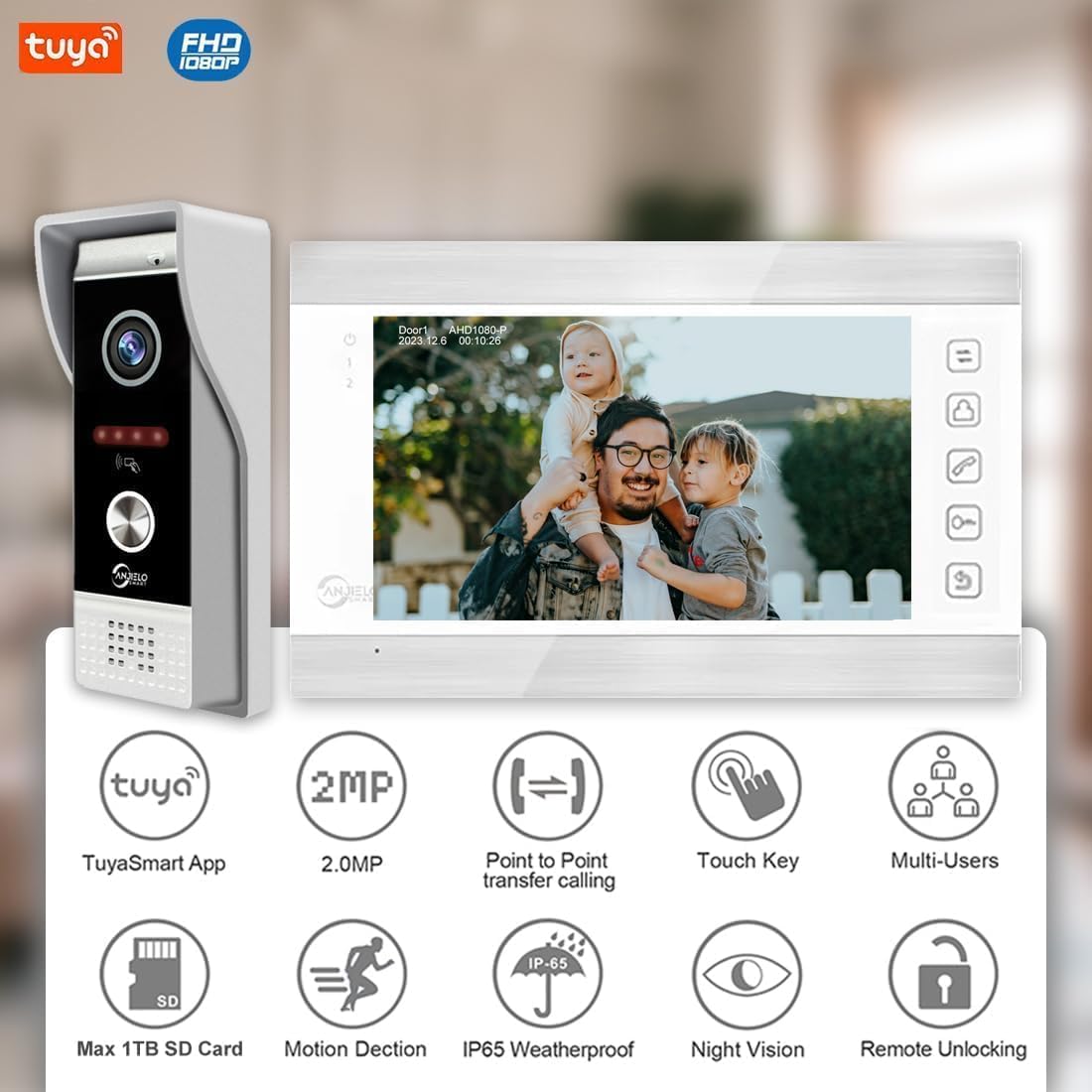 ANJIELO SMART Tuya - Videocitofono cablato Tuya, monitor con telecamera WiFi da 7 pollici 1080p, supporto per visione notturna, rilevamento movimento PIR e registrazione automatica (2 campanelli + 2
