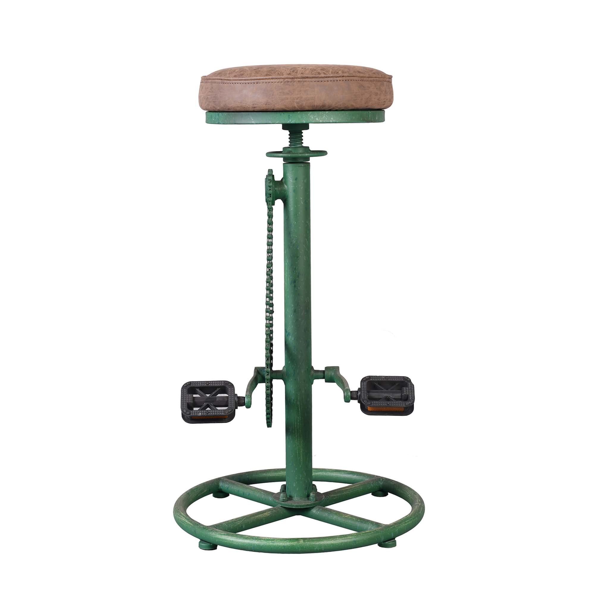 Taburete de bar vintage para bricolaje, cadena de bicicleta, pedal de hierro, retro, industrial, altura ajustable, diseño de rueda de bicicleta, juego de 2 sillas de barra verde antiguo 3