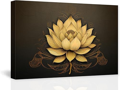 DOARTDO Arte de pared zen abstracto de flor de loto, cuadro de flor de lirio de agua dorado, pintura floral dorada, marco decorativo de espíritu