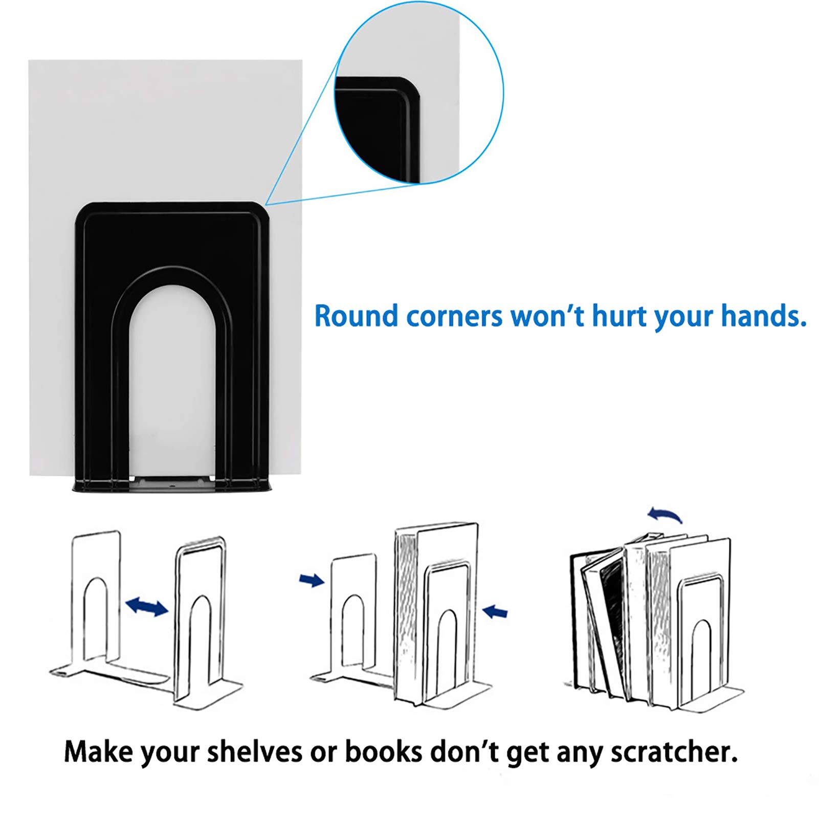 Metal Book Ends for Shelves Book Shelf Holder Home Decorative, Book Ends for Heavy Books/Movies/CDs, Black 6.5 x 5 x 5.7 in - Image 2