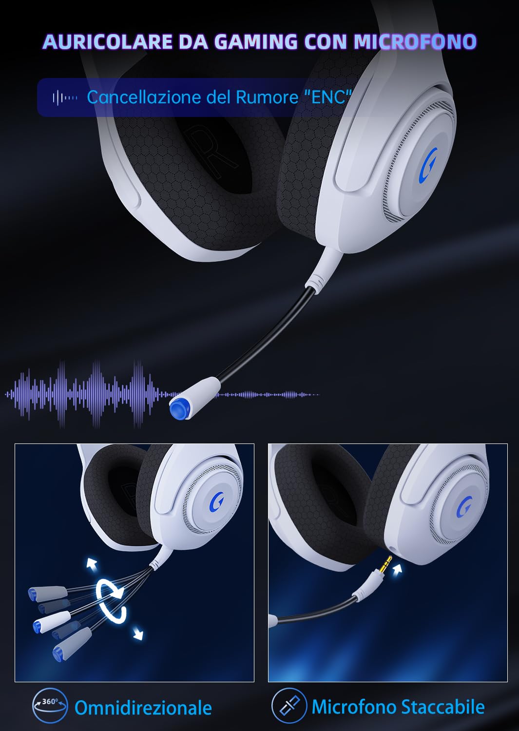 Cuffie Wireless Bluetooth 5.2 per PC PS5 Mac Switch con Microfono Staccabile Jack 3.5 mm Gaming