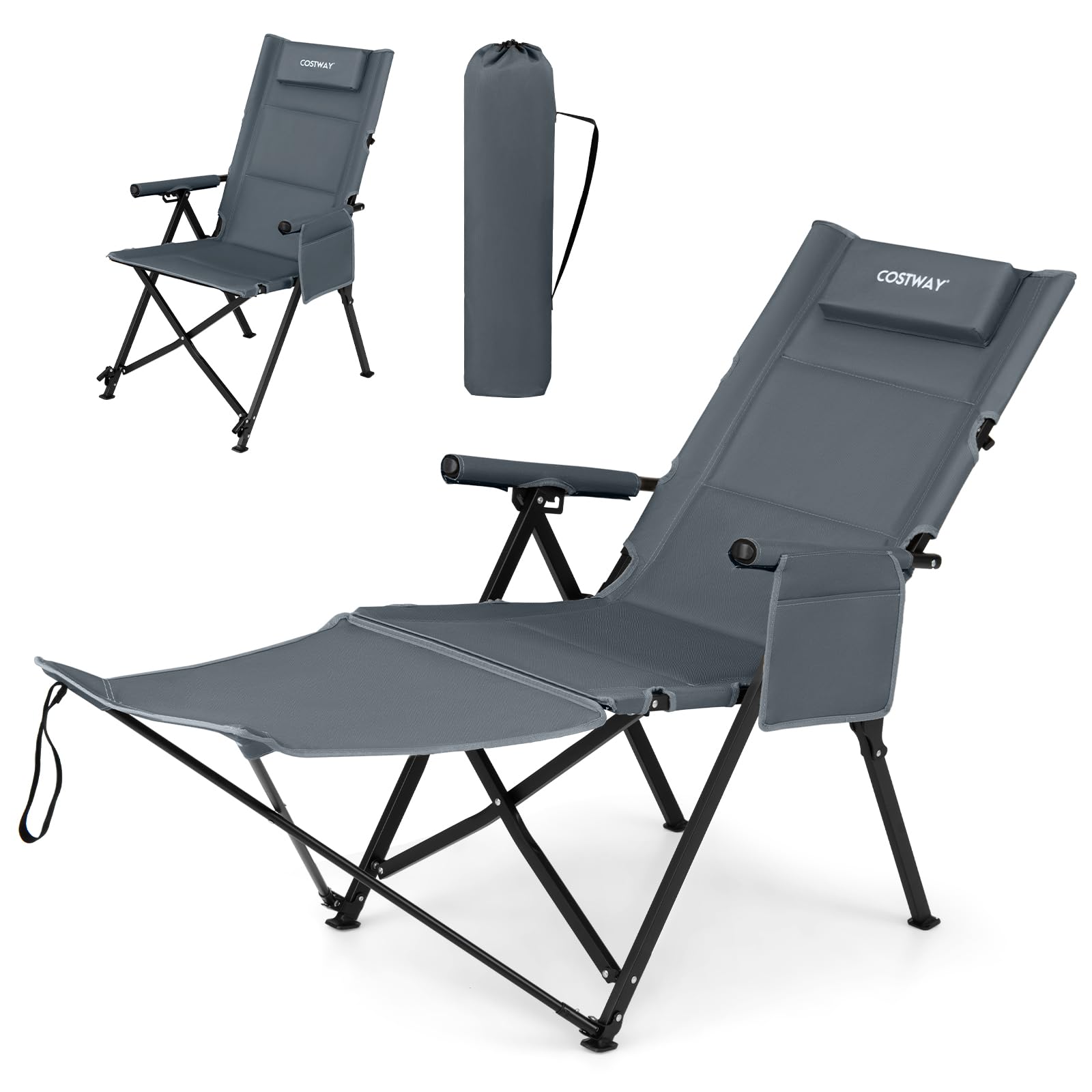 COSTWAY Folding Camping Chair with Footrest, Reclining Camp Chair (Grey)