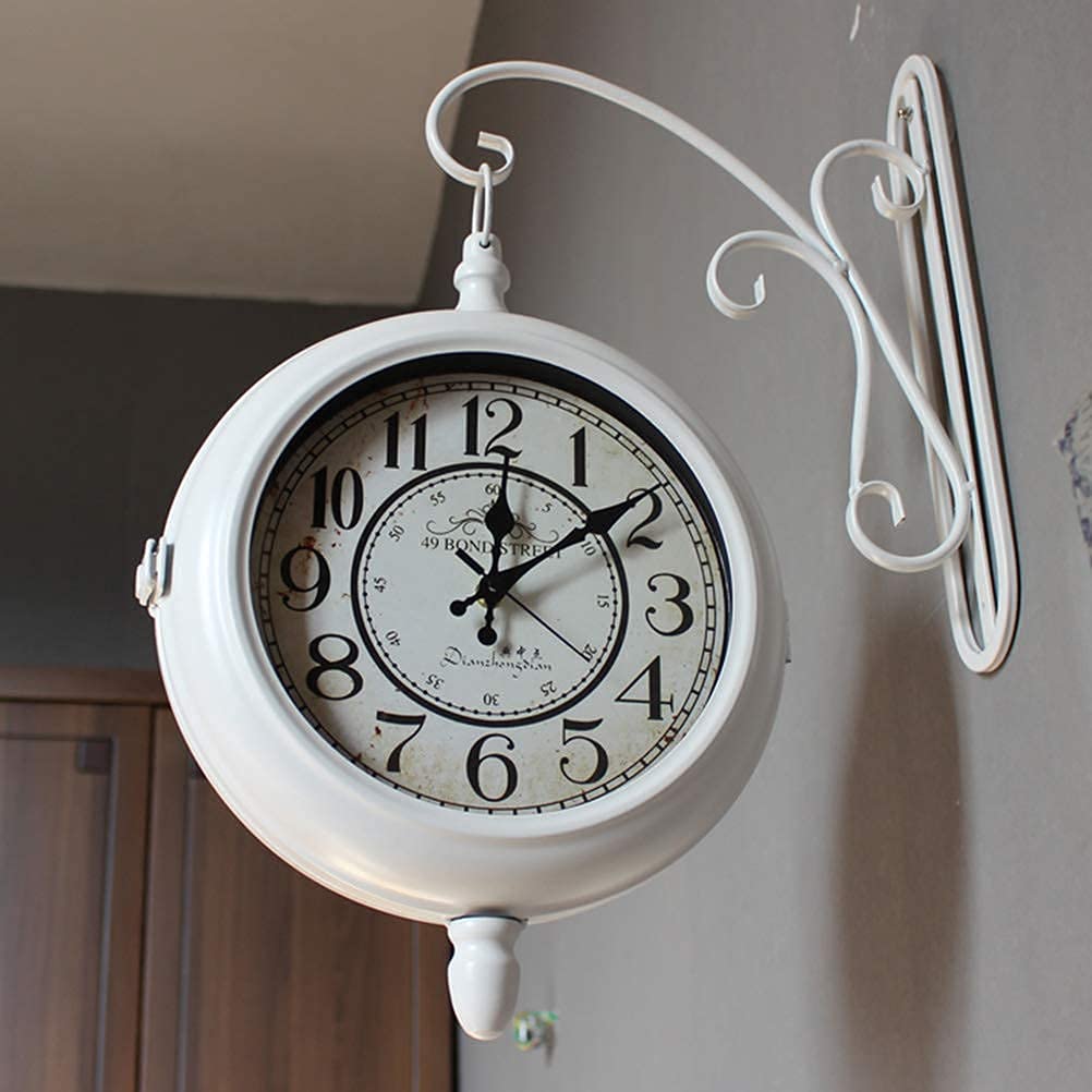 XJBTBA Orologio da Parete Orologio da Parete Orologi da Giardino per Esterni Rotondo, Orologio con Staffa, Orologi da Parete silenziosi su Due Lati Soggiorno, Orologio da Parete in Ferro a Doppia