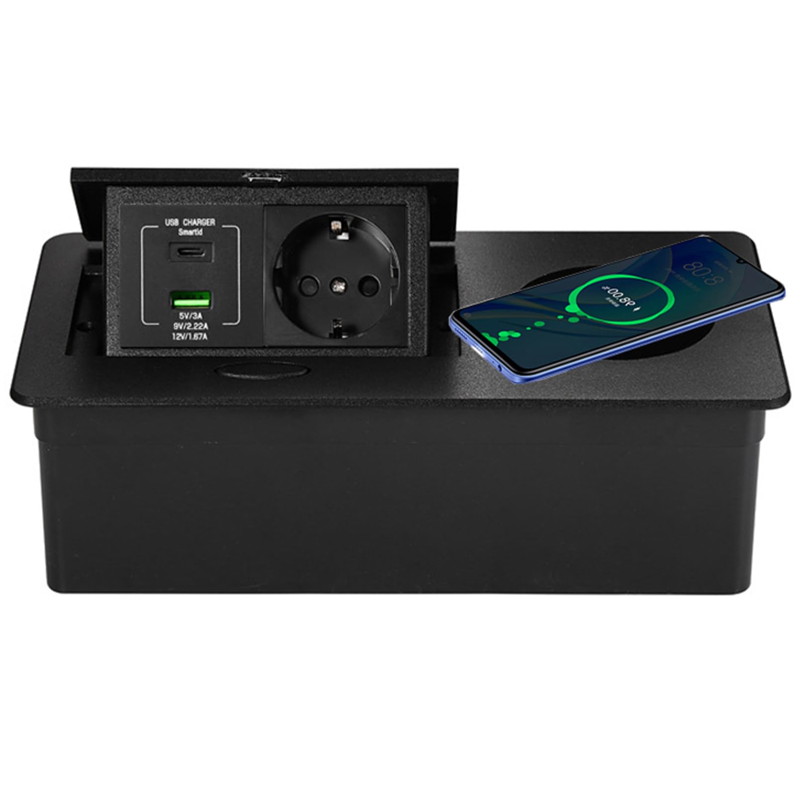 Presa Elettrica Da Scrivania Incassata, Presa Pop-Up Con Caricabatterie Rapido Wireless Da 15 W, PD 20 W Usb (A+C), Presa Incorporata Per Piani Di Lavoro Per Ufficio,Casa,Scrivania,Black-EU-plug