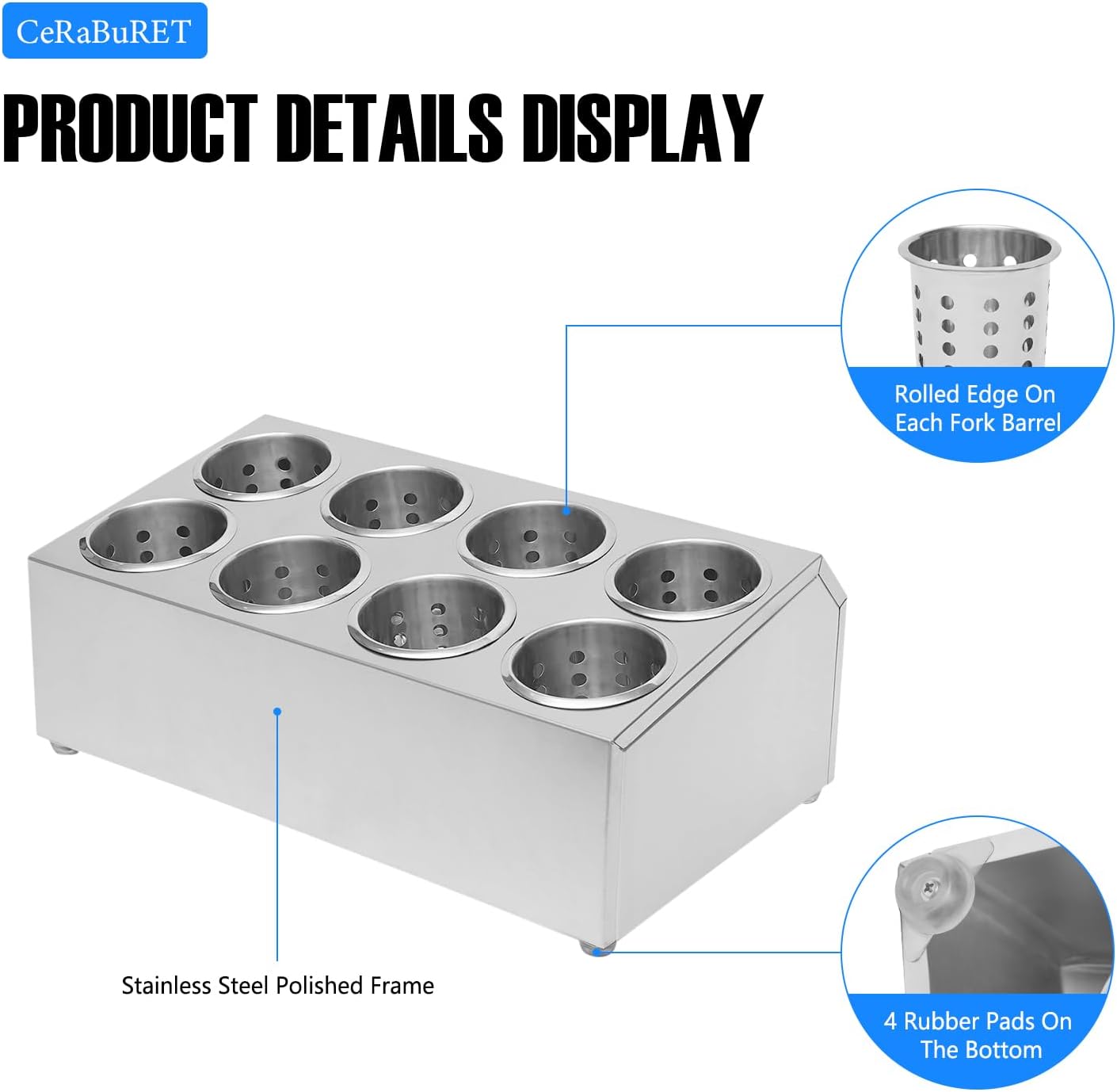 Commercial 8-Hole Stainless Steel Cylinder Flatware Silverware Utensil Holder Organizer Restaurant Silverware Organizer Countertop Cylinder Holder For Restaurants, Catering