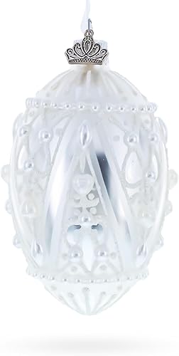 Perlado gotas sobre huevo de cristal blanco adorno de Navidad de 4 pulgadas Perlado gotas sobre huevo de cristal blanco adorno de Navidad de 4 pulgadas