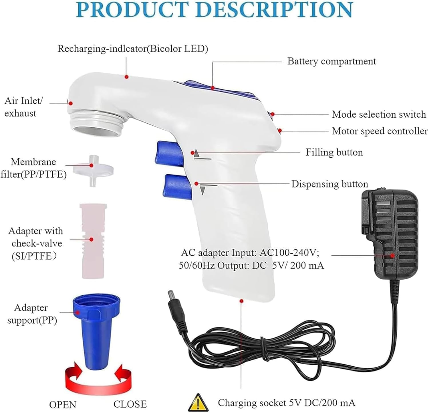 Automatic Motorized Pipette Filler, Adjustable Volume Pipette, Volume Range 0.1-200ml, Mode Switching, with LCD Display, for Scientific Research Biology Chemical