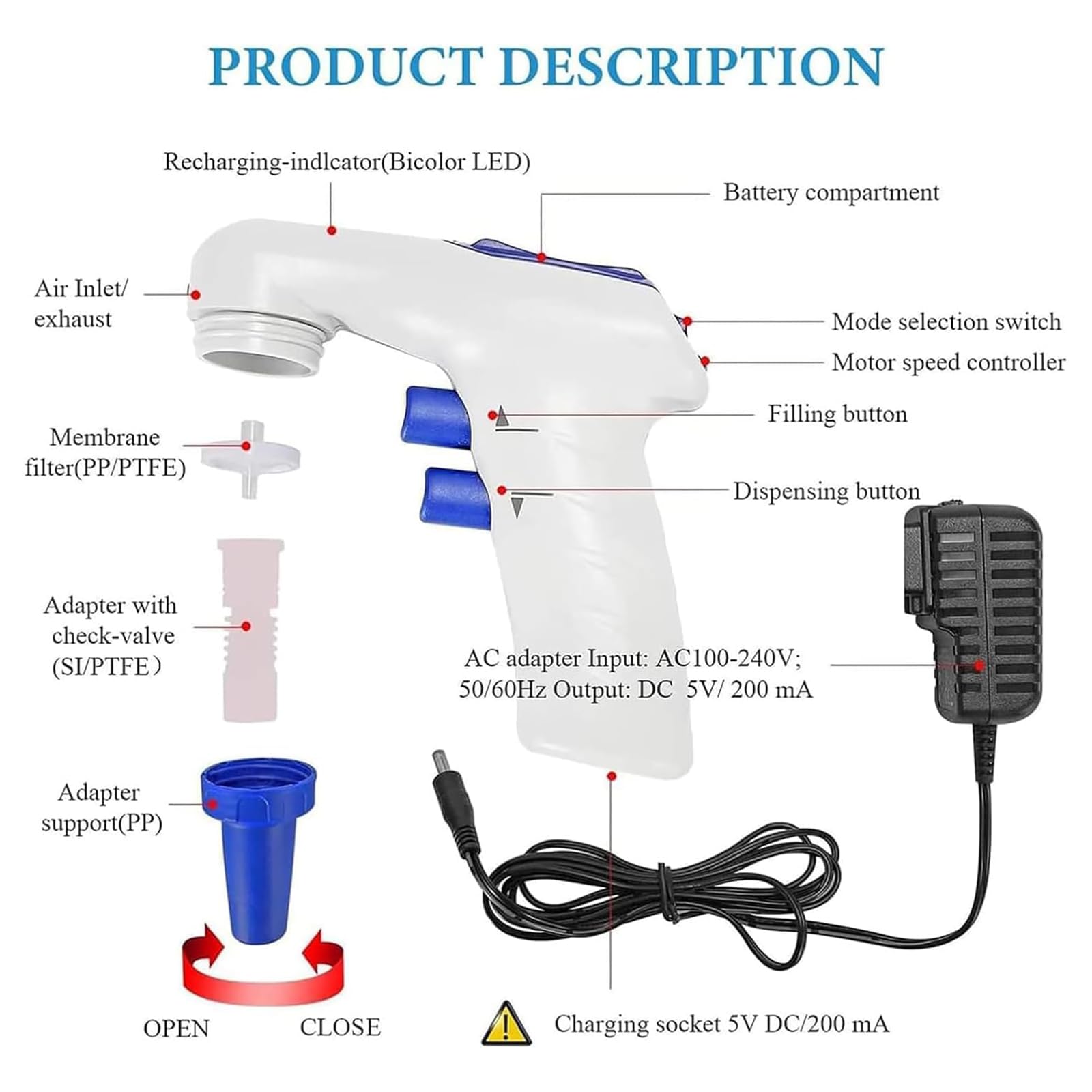 Controlador de pipeta eléctrico, llenador de pipeta motorizado automático, rango de volumen ajustable de 0,1 a 200 ml, pipeteador automático con pantalla LCD