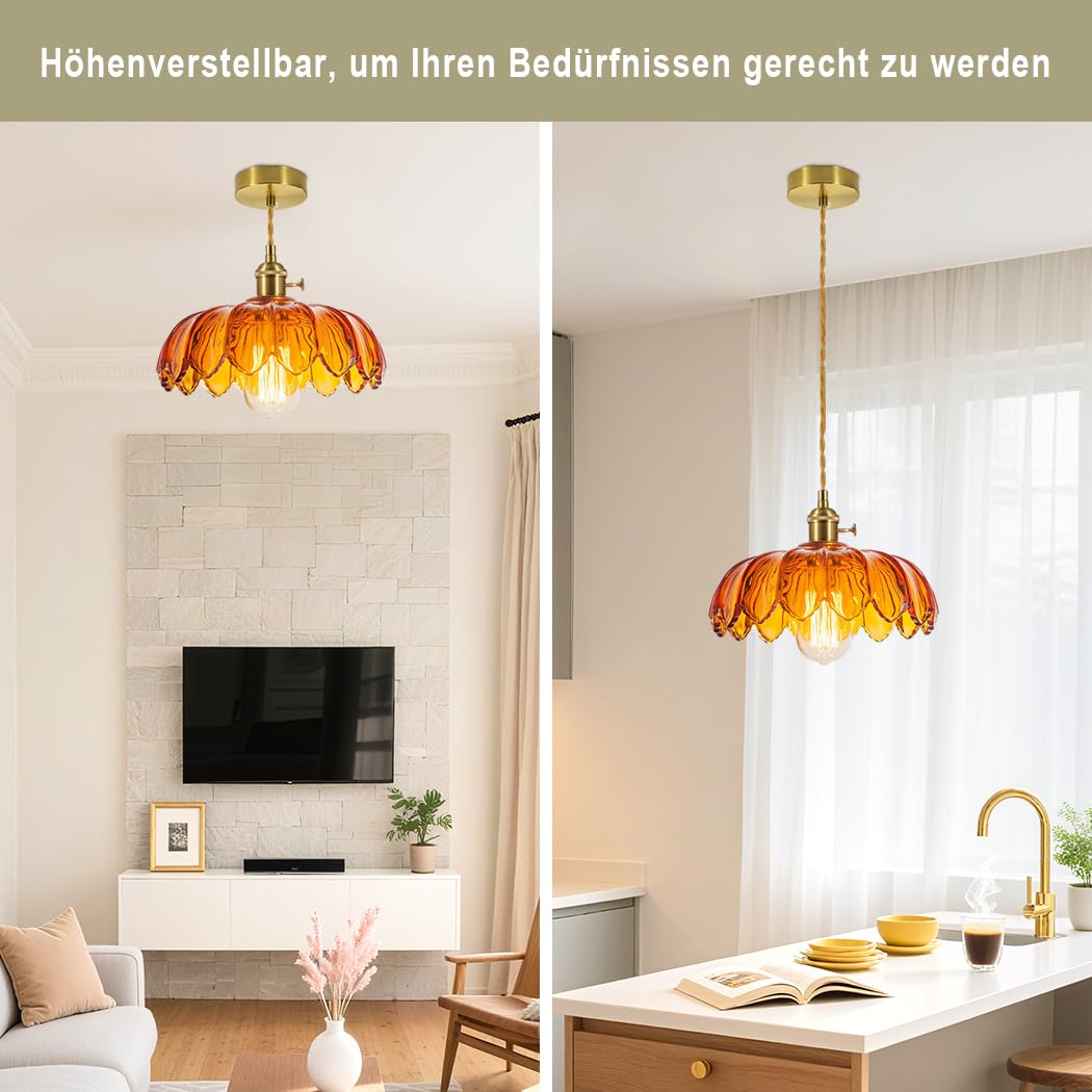 Glas Kronleuchter Hängeleuchten,Vintage Leuchten für Kücheninsel,Bernstein Blume Anhänger Schatten Kleines Licht für Schlafzimmer Hotel Esszimmer (Ohne E27 Birne)