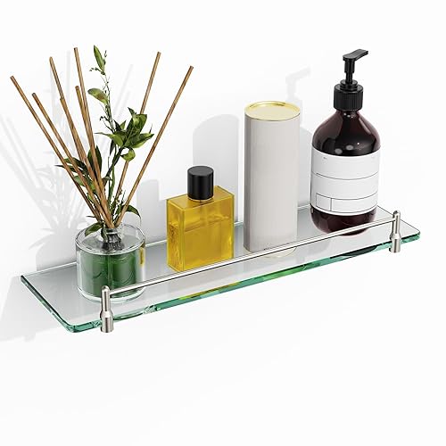 Glass Bathroom Shelves,Brushed Nickel Floating Shelves for Wall Rectangular Modern
