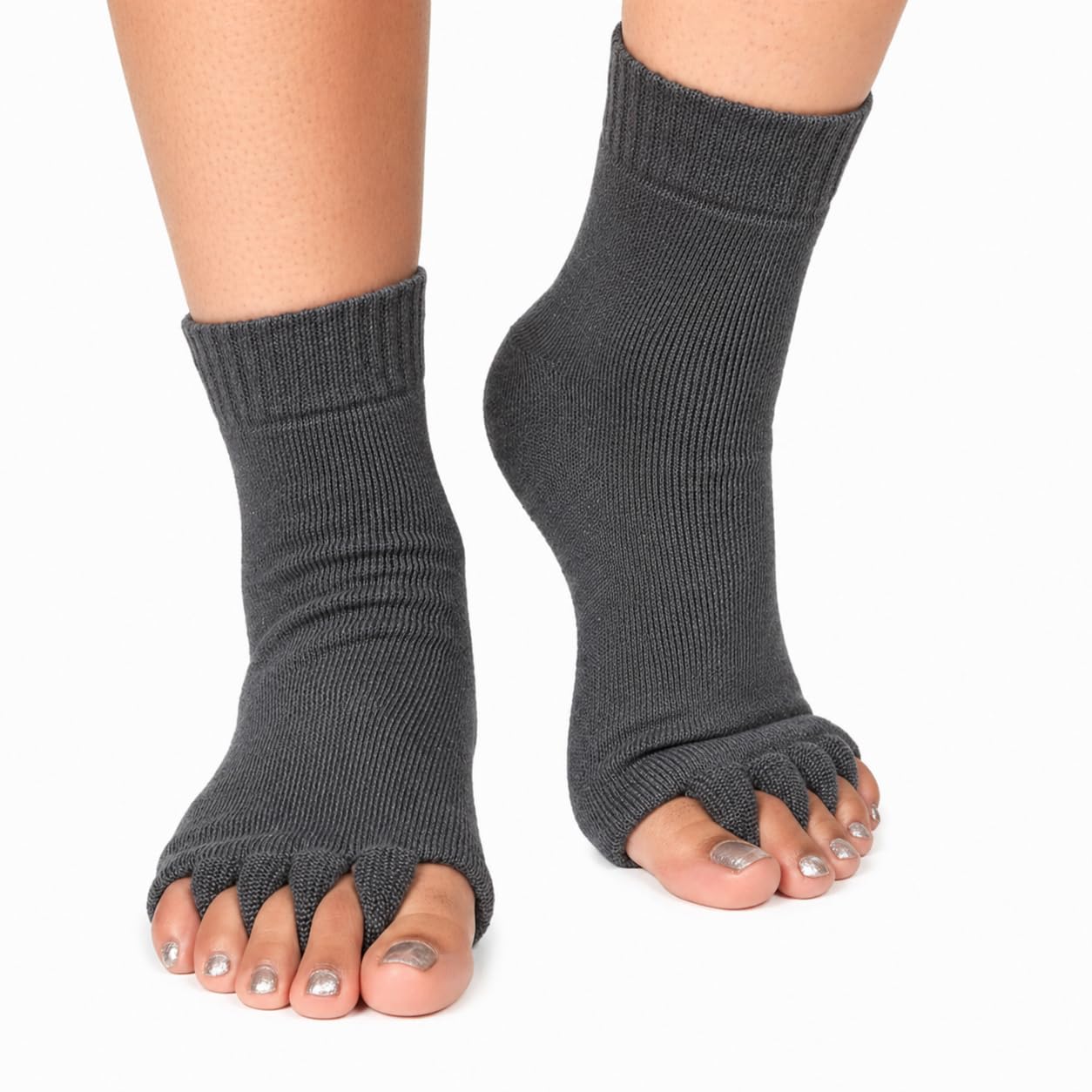 Foot Alignment Socks for Men & Women | 5 Toe Separator | Bunion Corrector | Foot Pain Relief | Plantar Fasciitis Support | Improves Posture & Flexibility | Free Size | Black | 1 Pair (Dark grey)-image-5
