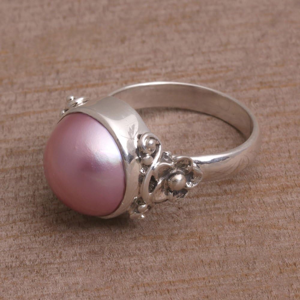 NOVICA Artisan Handmade Cultured Freshwater Pearl Cocktail Ring Floral Pink from Bali .925 Sterling Silver Dyed Indonesia Birthstone 'Jepun Joy'