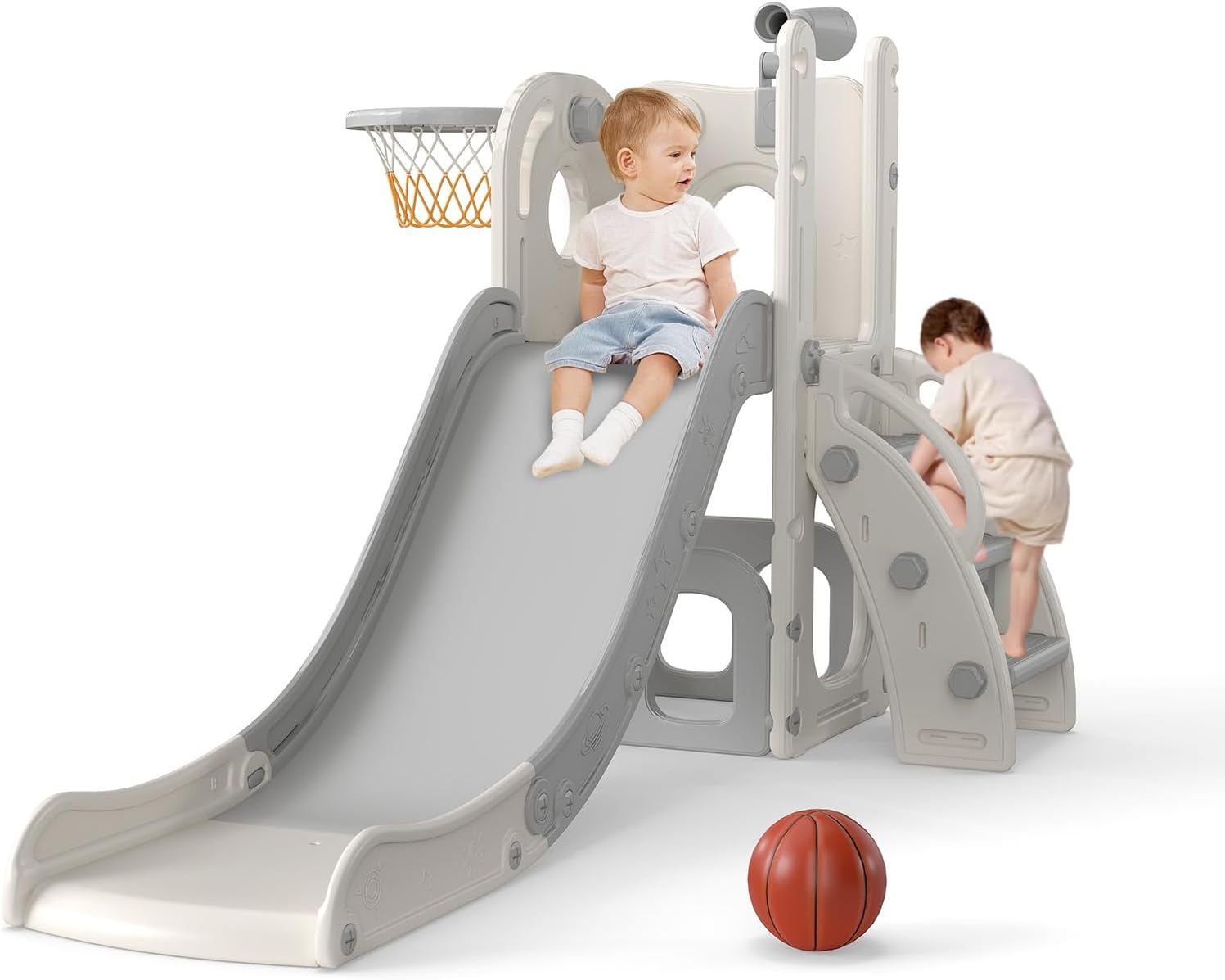 kinbor 6 in 1 Toddler Slide PlaySet - Indoor Outdoor Fun for Kids Ages 1-3, Includes Basketball Hoop, Telescope, Storage & Climber, Safe, Sturdy Baby Slide for Backyard Playground, White+Gray