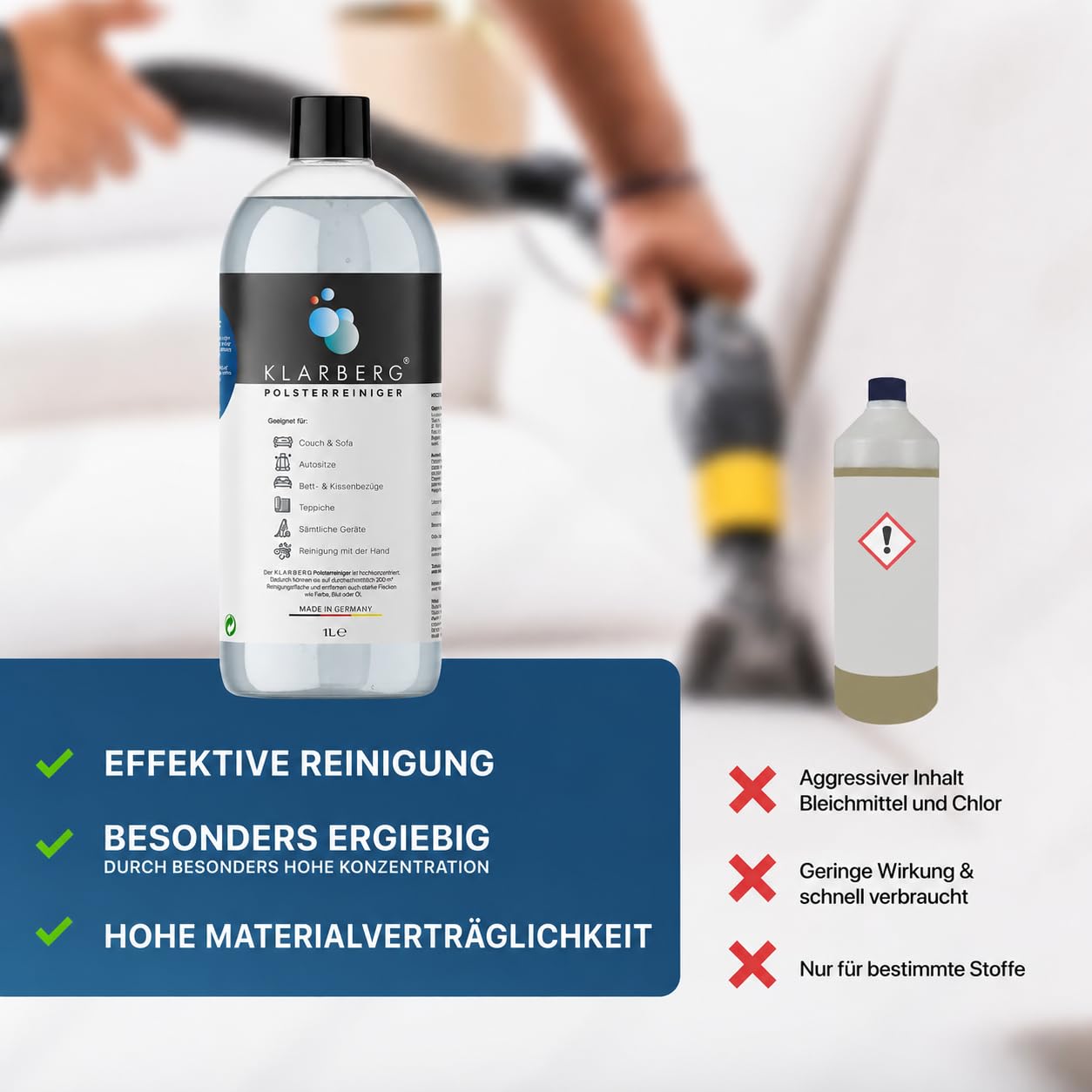 KLARBERG® 4x 1L Waschsauger Polsterreiniger Konzentrat I Polsterreiniger für Sofa, Teppich, Autositze, Textilreiniger uvm. I Geeignet für Waschsauger, Nasssauger und Reinigung per Hand | Polster- und Textilreiniger. Löst hartnäckige Flecken und Gerüche sc