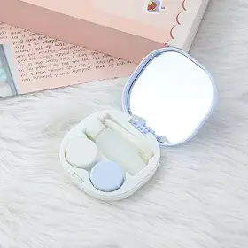 Estojo para lentes de contato com espelho, estojo de contato de viagem com kit de ferramentas de remoção e frasco de solução, mini caixa de armazenamento de lentes de contato para viagens, casa