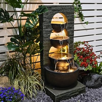 Tankana Outdoor Water Fountain Garden - Waterfall Feature Tiered Freestanding Cascade Fountains Bowl Artistry with LED Strip for Patio Yard Pool Home Decor, (43 inches Tall, Brown)