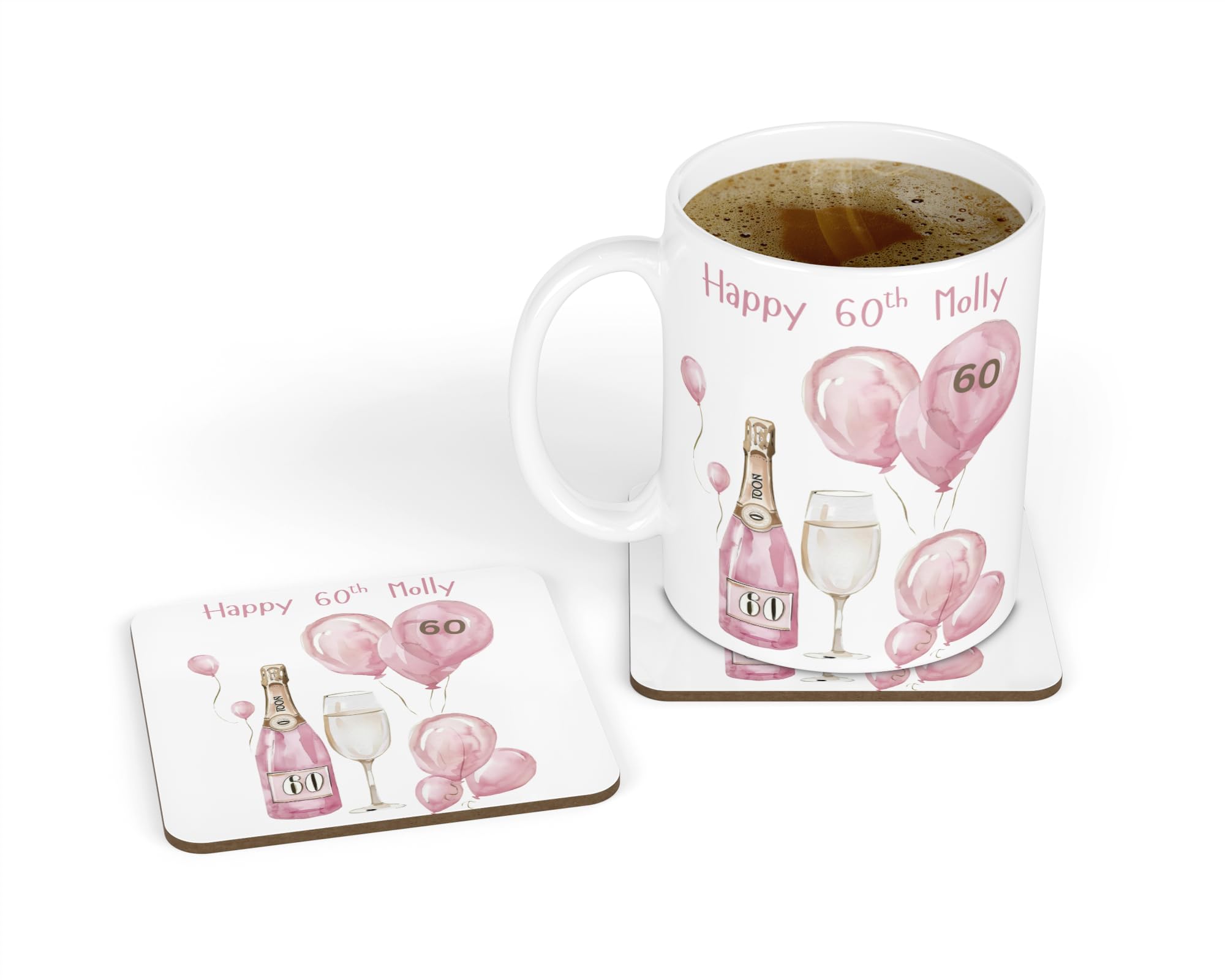 60th Birthday Gift for Her - Personalised White Ceramic Mug & Coaster Gift Set - Pink Balloons Birthday Age 60 Design (60th Birthday)