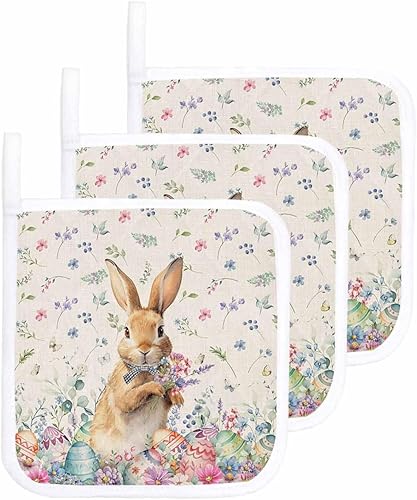 3 Packs Easter Spring Flower Pot Holders Sets for Kitchen,Oven Pan Plate Bowl Pads Heat Proof Mat with Hanging Loop,Terry Cloth Potholders Soft Grip