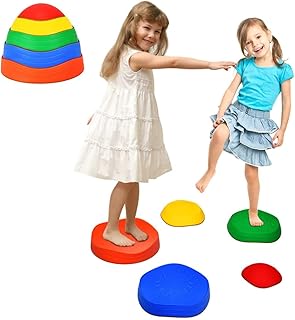 GYMAX Kids Balance Stones, Stepping Stones with Non-slip Silicone Bottom, Promote Coordination, Balance and Strength, 5-Pieces Set Hilltops River Stones
