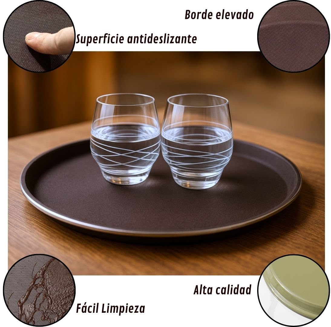 Juego de 2 bandejas redondas antideslizantes marrones de 40 cm con acero inoxidable y platos profesionales para servir alimentos y drenajes, perfecto para restaurantes, bares y uso doméstico
