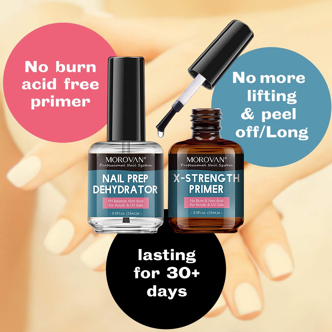 Morovan Nail Prep Dehydrator and Nail Primer X-strength, No Burn Non Acid Protein Bond Primer for Acrylic Powder and UV Gel Nail Polish Poly Gel Hard Gel 0.5oz : Beauty & Personal Care