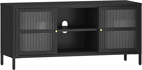 MIOCASA Soporte de TV con puerta de cristal, gabinete de TV clásico de metal para TV de 55 pulgadas, mesa consola de entretenimiento con estantes de