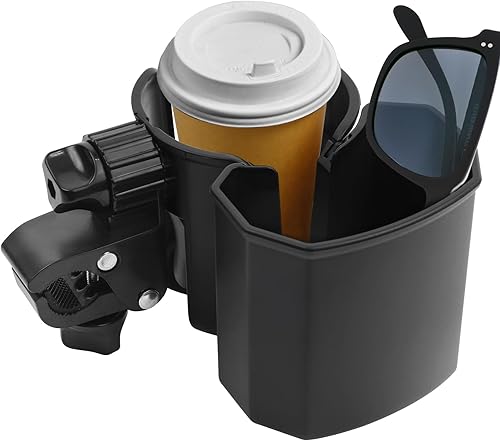 Portavasos universal para cochecito con soporte para teléfono, clip fuerte giratorio de 360, gran espacio de almacenamiento para caminante, silla de