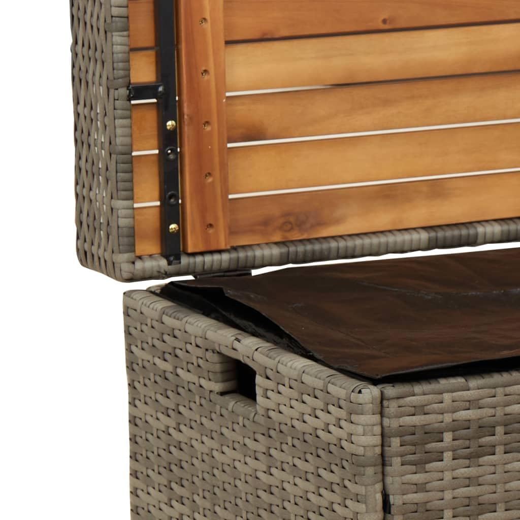 Panca portaoggetti da esterno con seduta in legno di acacia e rattan PE di colore grigio, dimensioni 100 x 50 x 52 cm, spazio di archiviazione impermeabile e meccanismo di sicurezza