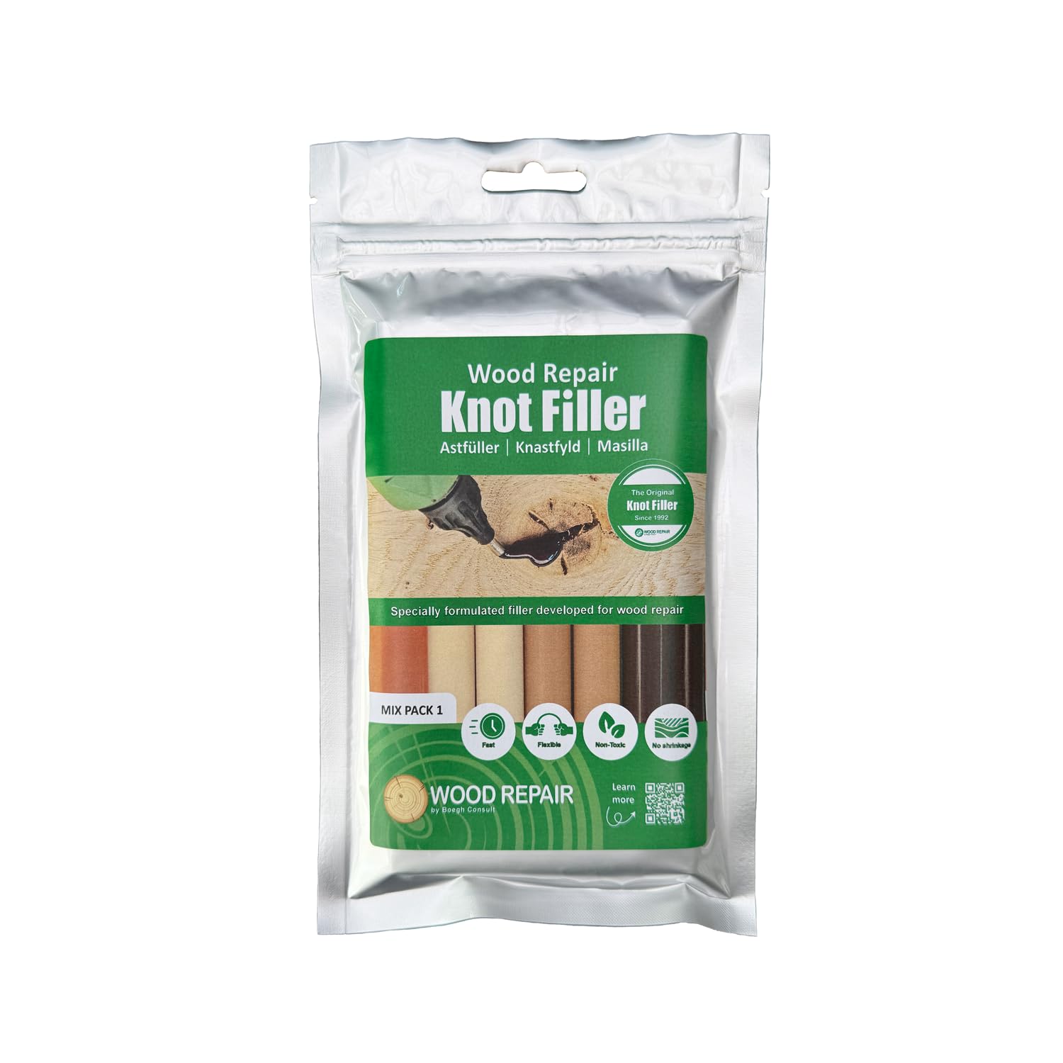 WoodRepair PLUS houtreparatieset met knoestenvuller-pistool, compacte zakjes Mix 1 & 2, handschaaf, kleurwisselaar en koelblokken