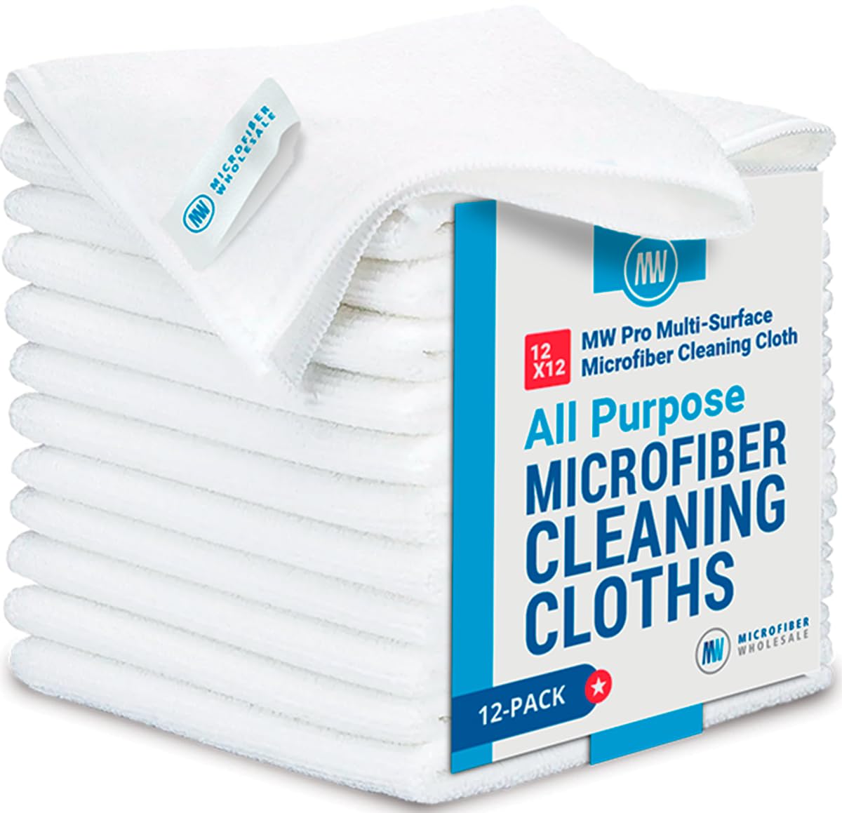 12" x 12" MW Pro Multi-Surface Microfiber Cleaning Cloths | White - 12 Pack | Premium Microfiber Towels for Cleaning Glass, Kitchens, Bathrooms, Automotive, Supplies & Products