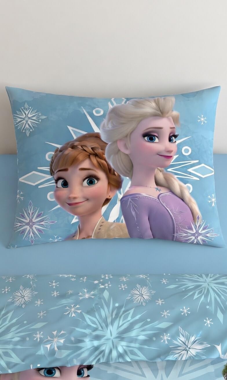 Reine des Neiges White Snowflake Housse de Couette 140x200 + Taie | Parure de lit réversible 1 personne | Coton naturel respirant Oeko-Tex | Elsa Anna Olaf Disney | Fille | Cadeau