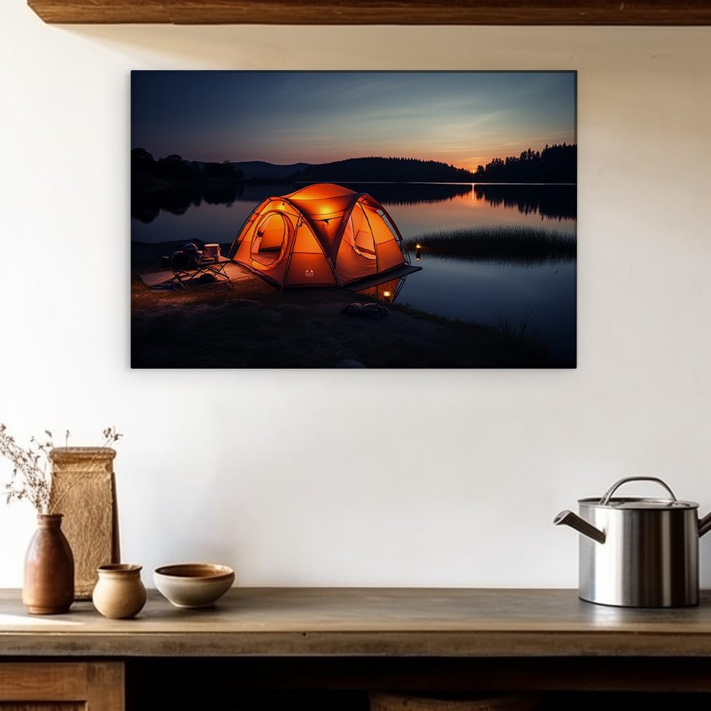 Canvas for Living room. Camping Serenity by the Lake: An Evening of Peaceful Glow, 27 x 18 inch Canvas Wall Art - Tranquil Environments - Modern Home Decor
