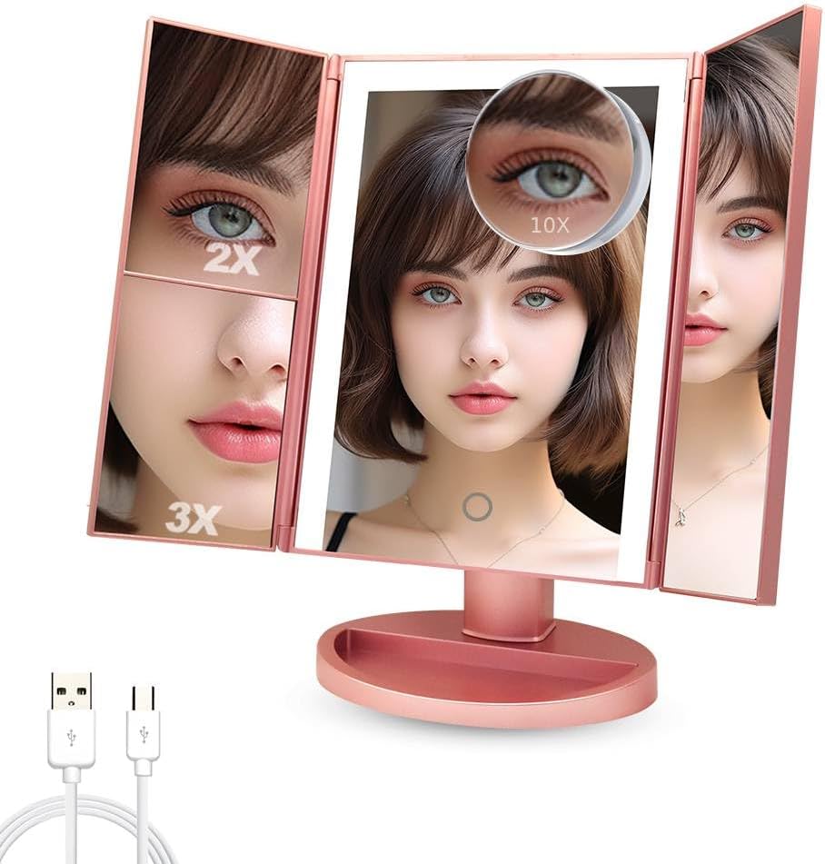 Folding Vanity Make up Mirror with LED Lights, Adjustable Lighting, and 1X/2X/3X/10X Magnification - Stepless Dimmable Makeup Mirror for Enhanced Beauty Experience (Rose Gold)