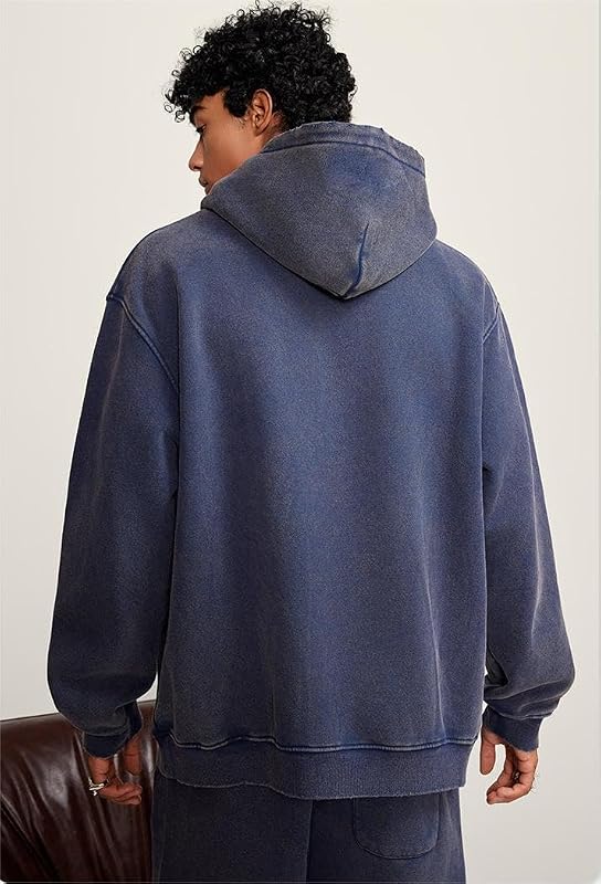 OSACOD Mens Oversized Hoodies Pullover Vintage Sweatshirt Acid Wash Heavyweight Plush Cotton Baggy Streetwear Top Athletic(Blue,L) image 3