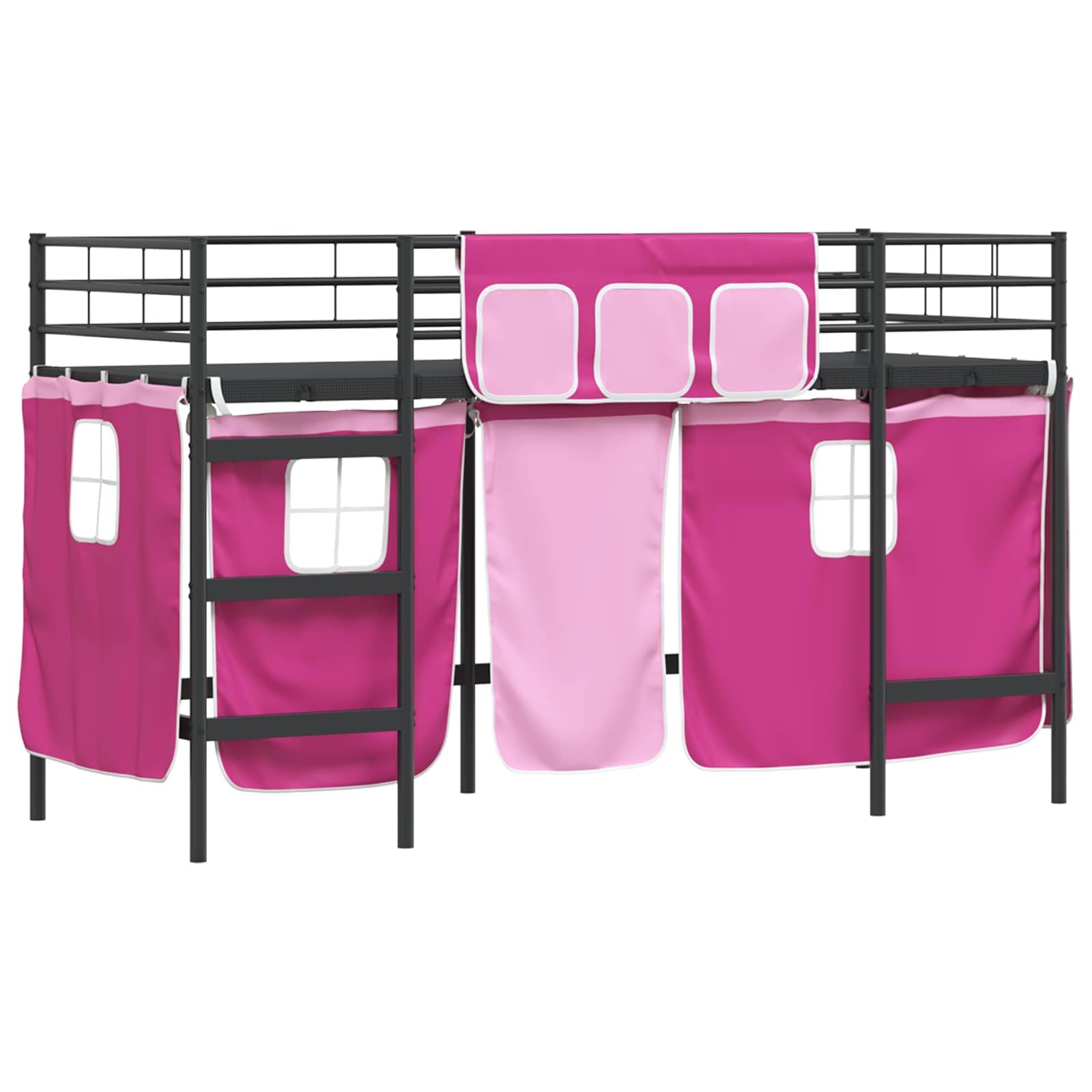 Letto a castello per bambini con tende, nero e rosa, 100 x 190 cm | Struttura in metallo robusta, testiera montata a parete, tende in rete, finitura a polvere durevole