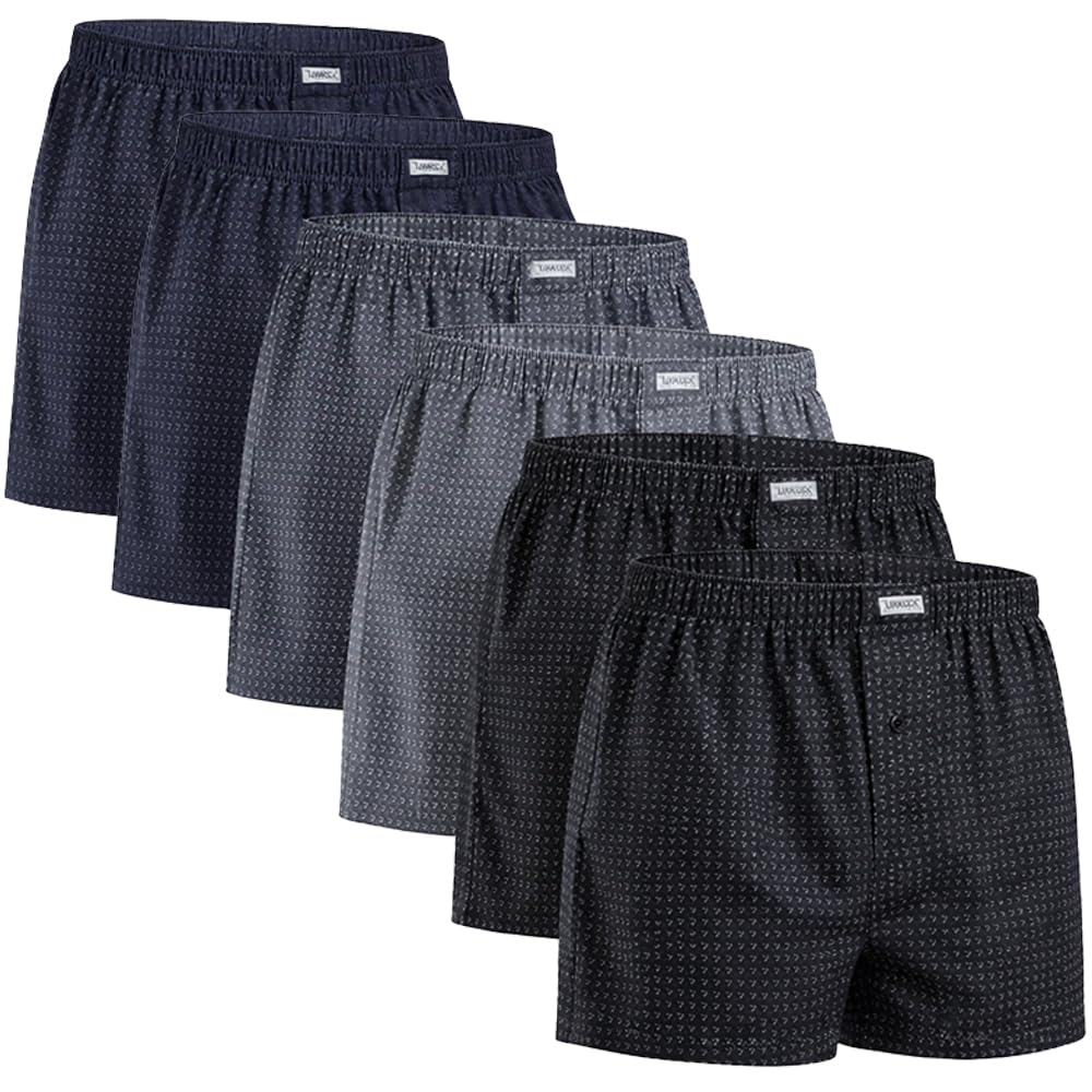 Leedya Set 6 Pezzi Boxer Uomo in Puro Cotone 100% - Vita Elastica Confortevole, Americani Chiusura Frontale a Bottoni - Intimo Uomo Traspirante e Morbido per Uso Quotidiano