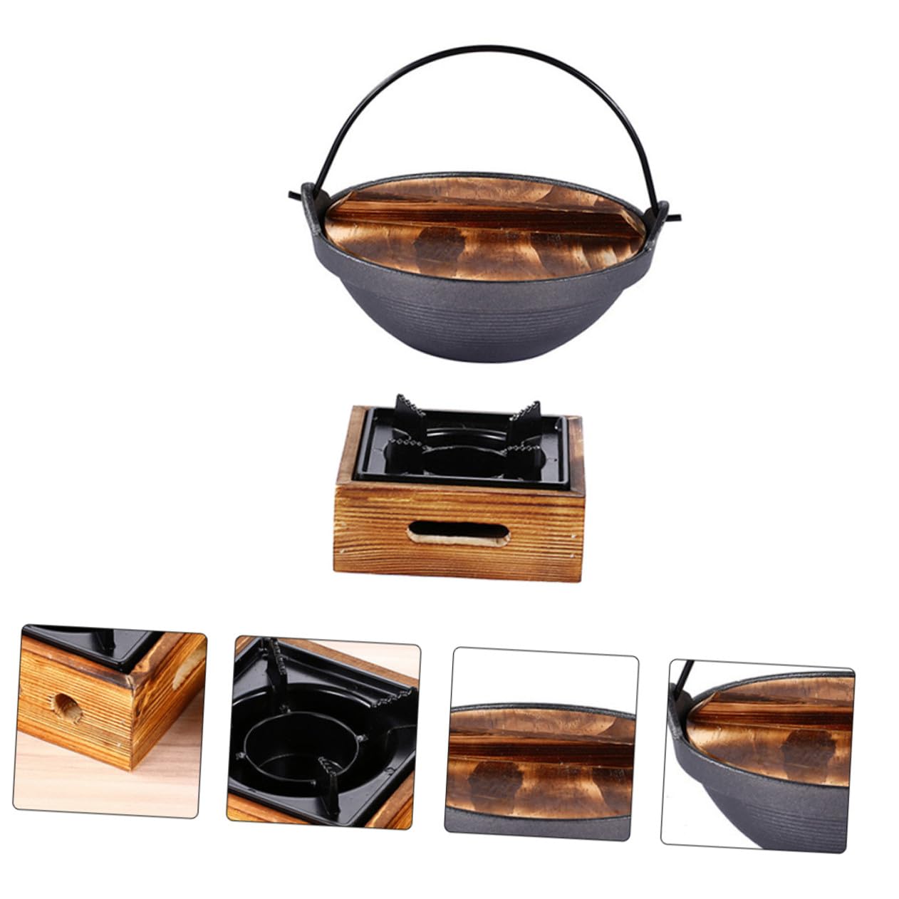Olla De Hierro Fundido 20 Cm Con Hornillo De Aluminio Pequeña, Material Grueso Resistente, Adecuado Para Camping y Picnics Al Aire Libre, Conjunto Para Guisar y Estofar