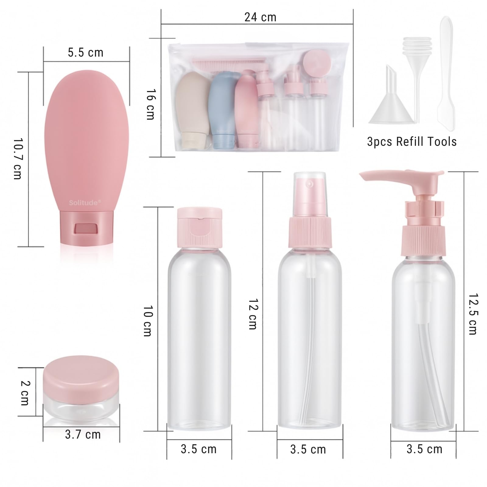 Solitude 11 PCS Travel Bottles Kit for Toiletries Organizer Leak Proof Refillable Squeezable Containers Set with Clear Storage Bag for Lotion Shampoo Conditioner Cosmetic Shower Gel Hand Wash - Image 3 thumbnail