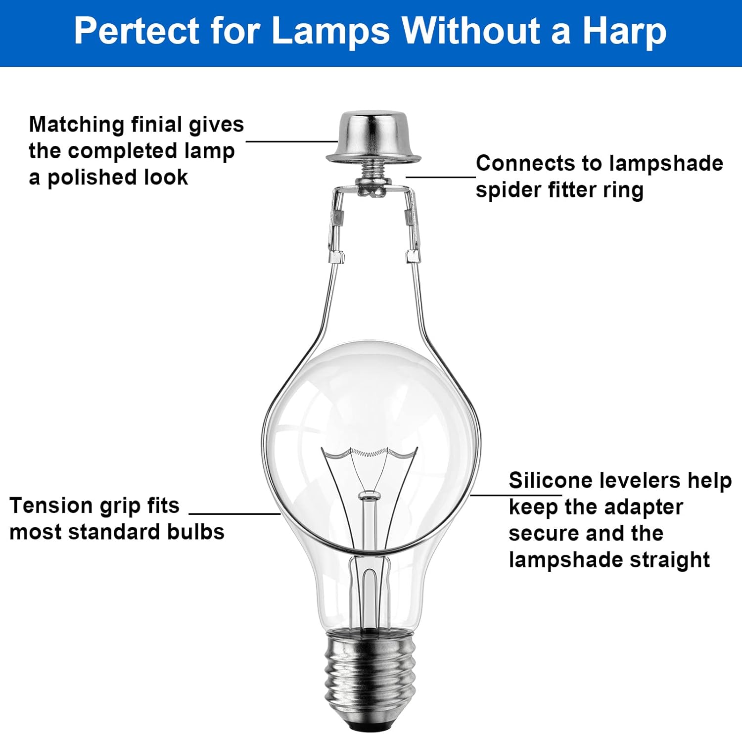 2 PACK Lamp Shade Light Bulb Clip Adapter, WEAVERBIRD Lamp Shade Harp Holder Adapter Kit Attaching Finial Top and Lampshade Levellers Spring Clip for Light Bulb,DIY Lighting Projects, Silver