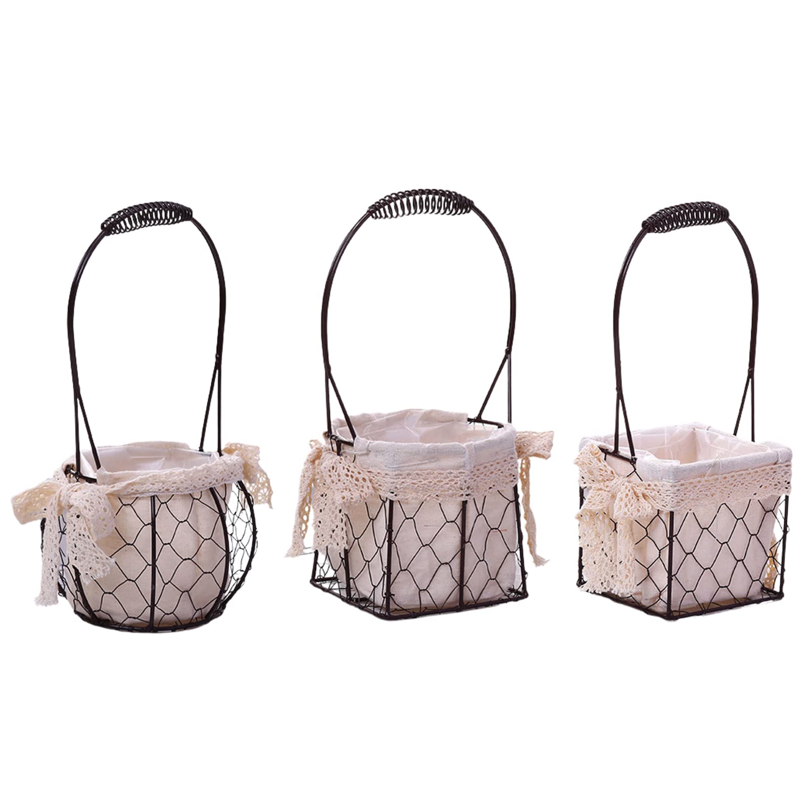 belupai 3PCS Metal Wedding Flower Girl Basket with Handle and Decorative Fabric Lining, Rustic Iron Flower Basket Storage Baskets for Wedding Halloween Party Home Decoration