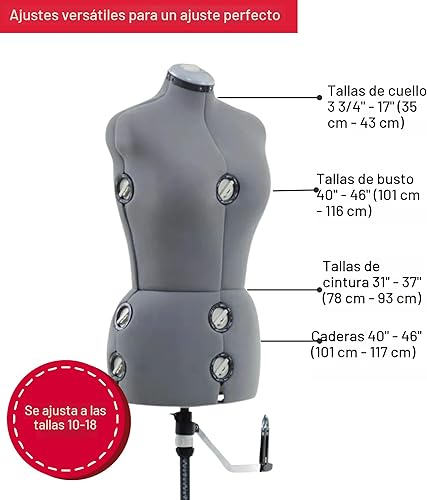 Miniatura 2 de SINGER Maniquí femenino ajustable gris para vestidos, tallas 10-18, apto para clavar alfileres, torso con guía de dobladillo de 360 grados, exterior