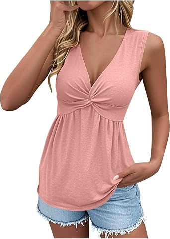 Womens Tank Top Sleeveless Peplum Summer Tops Twist Front Deep V Neck Fitted Casual Vacation Tunic Shirts 2026