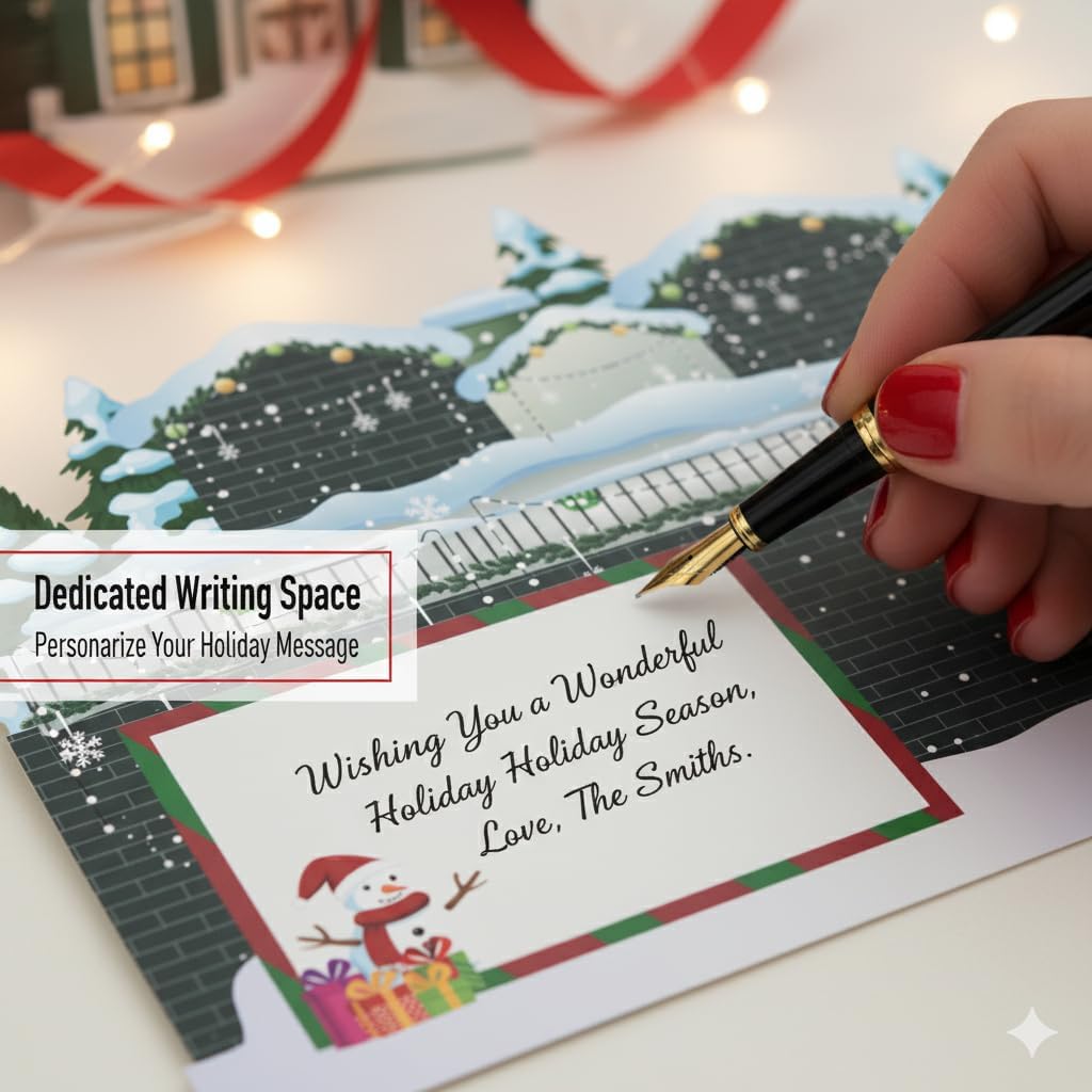 3D Pop Up Light Up Christmas Card with Music, LED Fiber Optic Effects, Plays 3 Christmas Songs, Handmade 8×6" Santa & Snowman Holiday Greeting Card, Gift-Ready with Red Envelope