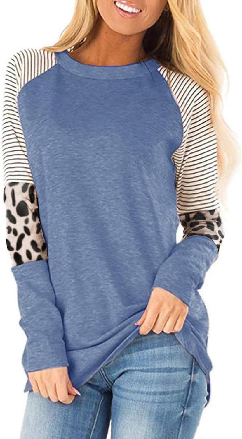 Leopard Print Tops for Women Long Sleeve Crew Neck Patchwork T Shirt Blouse